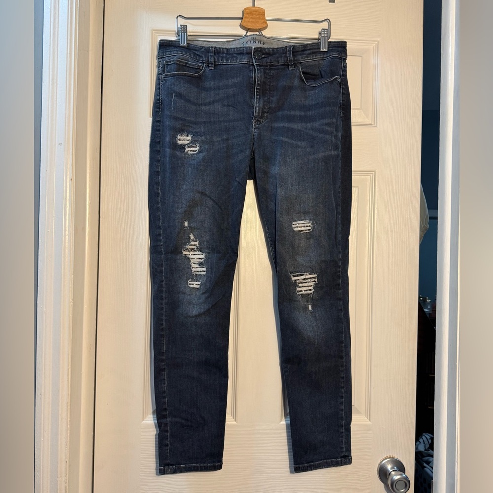 WHBM Distressed Skinny Jeans Size 12 Dark Wash Sparkle Stretch Denim